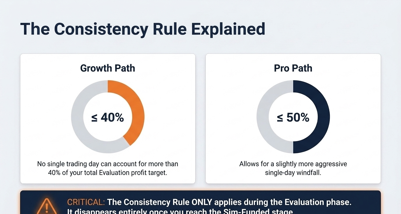 FTMO Consistency Rule: Growth path ≤40%, Pro path ≤50% per day during evaluation