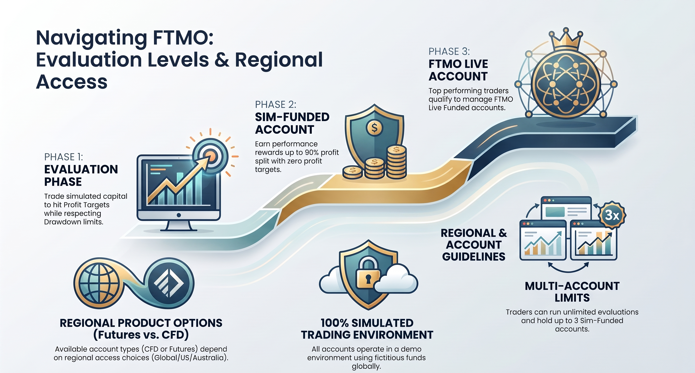 Navigating FTMO: Evaluation Levels & Regional Access — full overview diagram