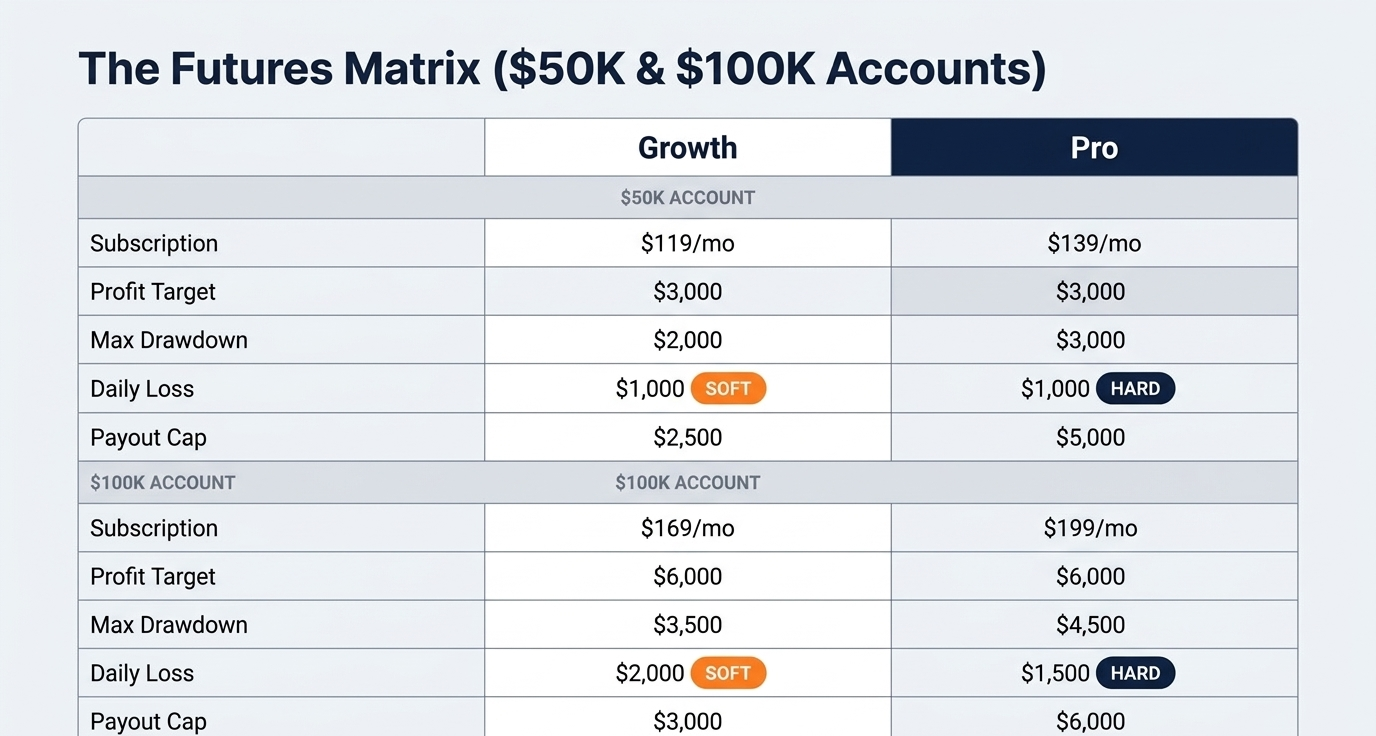 FTMO Futures Matrix: $50K and $100K accounts comparing Growth and Pro subscription, profit target, drawdown, daily loss, and payout cap