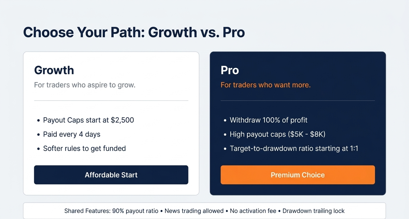 FTMO Growth vs Pro plan comparison: payout caps, frequency, drawdown rules