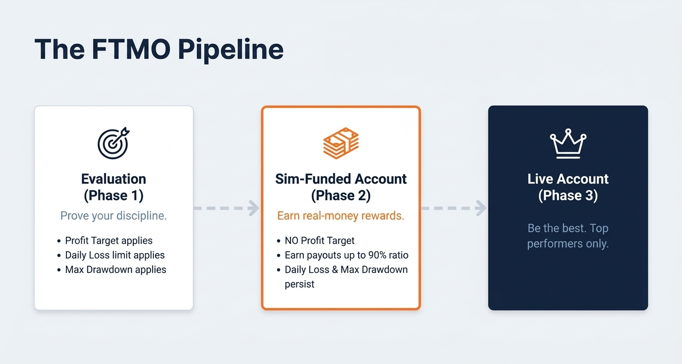 The FTMO Pipeline: Phase 1 Evaluation, Phase 2 Sim-Funded Account, Phase 3 Live Account