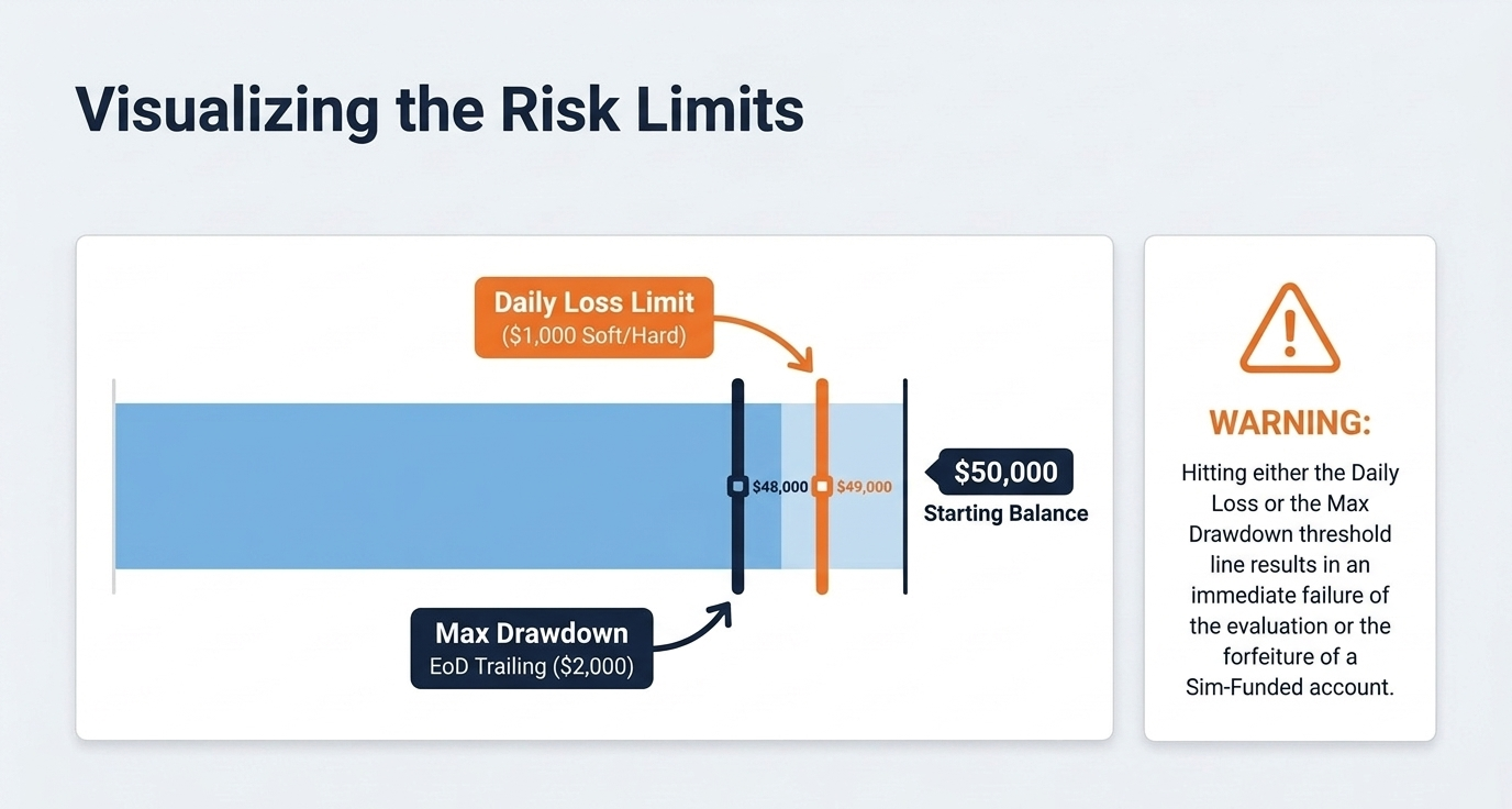 Visualizing FTMO risk limits: Daily Loss Limit and Max Drawdown trailing threshold on a $50K account