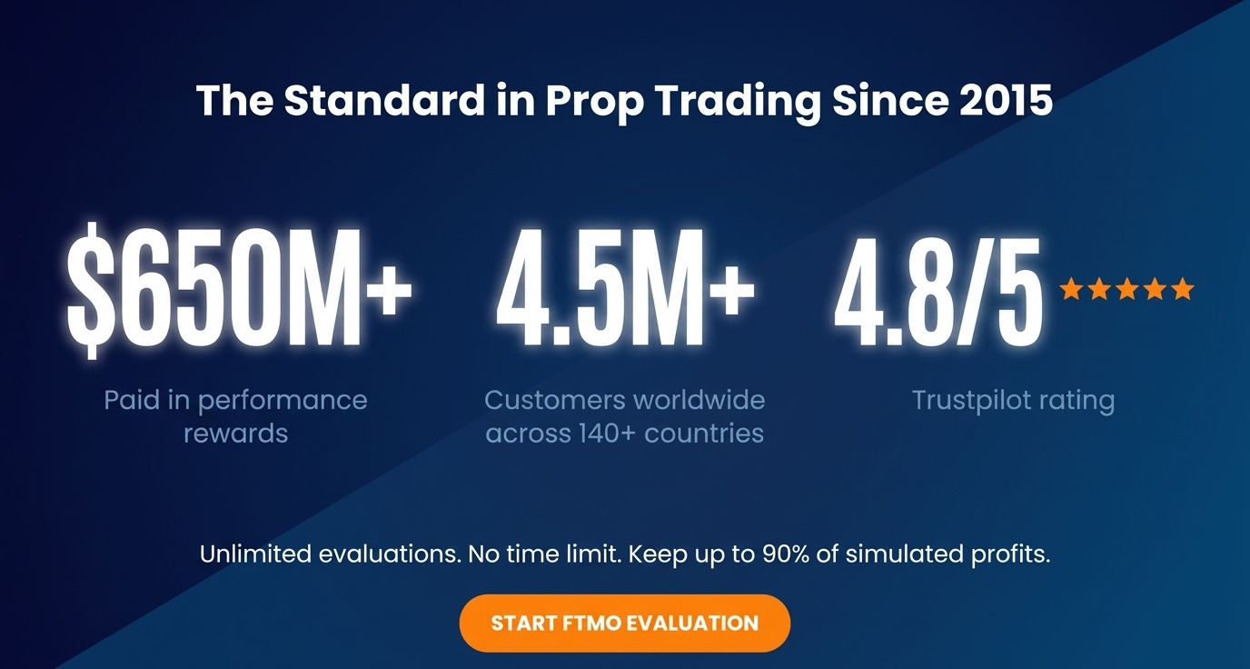 FTMO statistics: $650M+ paid, 4.5M+ customers, 4.8/5 Trustpilot rating since 2015