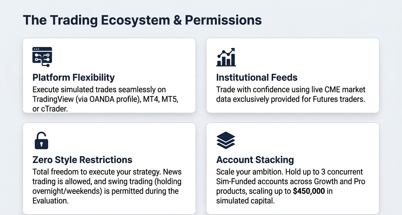 FTMO trading ecosystem: platform flexibility (MT4, MT5, TradingView, cTrader), institutional feeds, zero style restrictions, account stacking