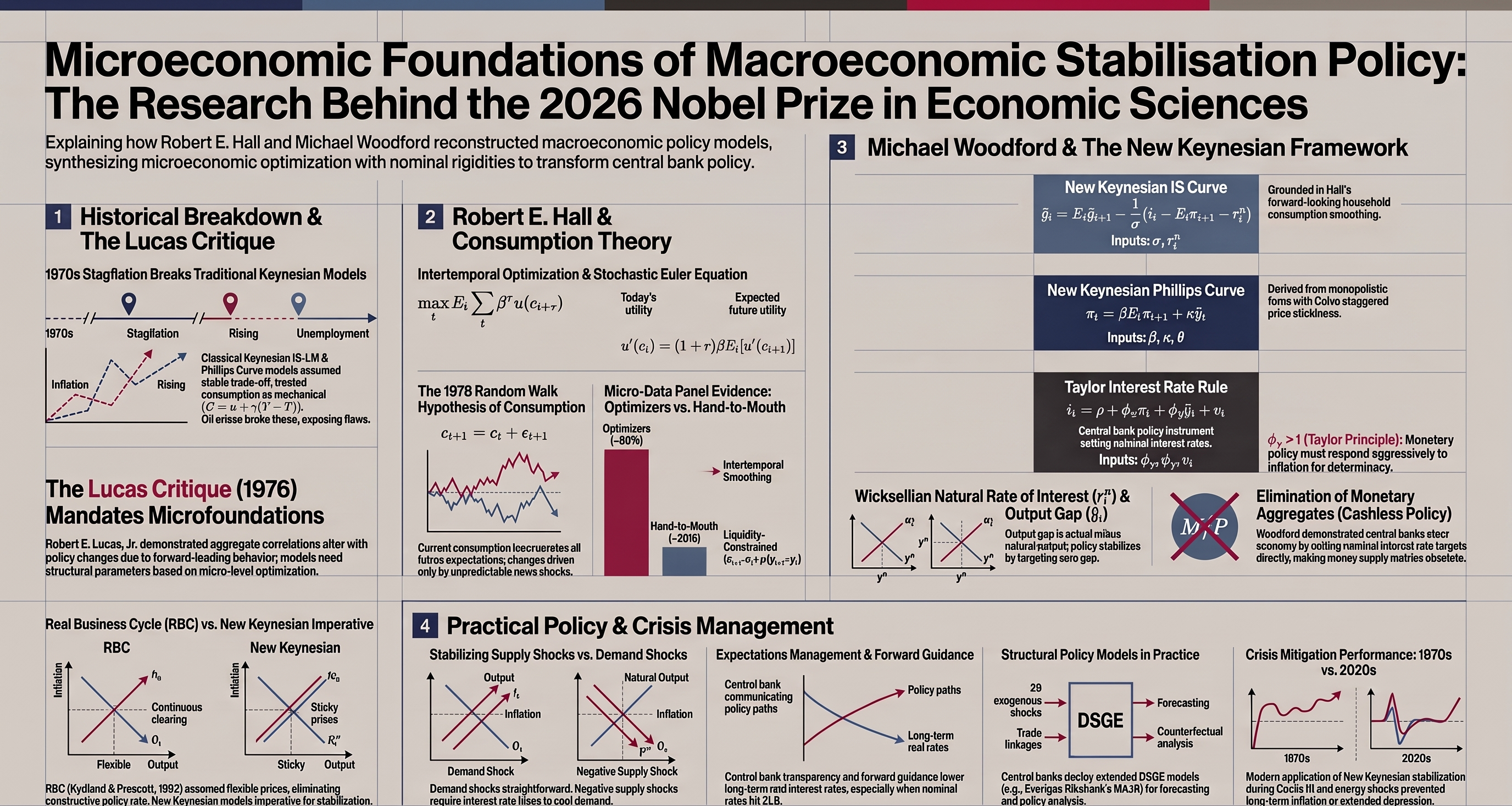 Microeconomic foundations of macroeconomic policy — full research infographic with equations and model structure