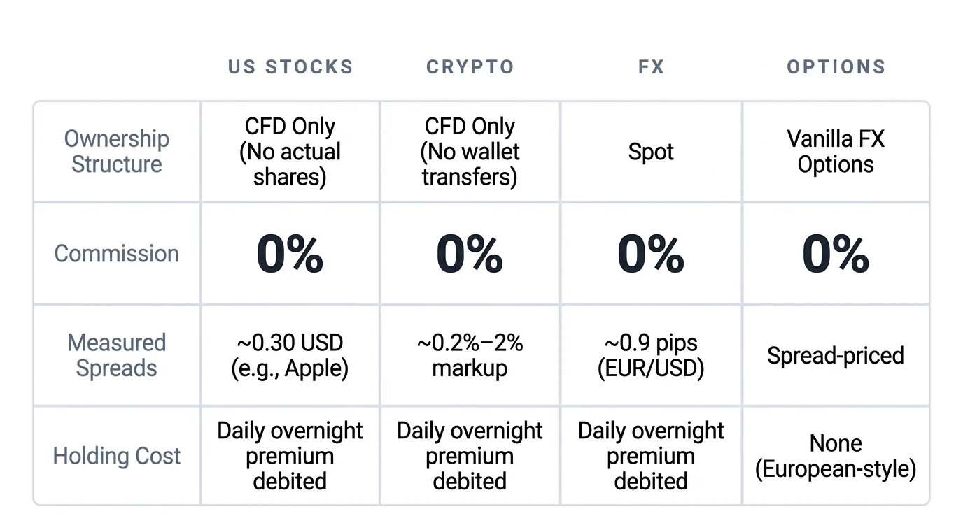 AvaTrade cost matrix: US stocks CFD-only, 0% commission, ~0.30 USD spread on Apple; crypto CFD-only, ~0.2%–2% markup; FX spot ~0.9 pips EUR/USD; vanilla FX options spread-priced. Daily overnight premium on stocks, crypto and FX