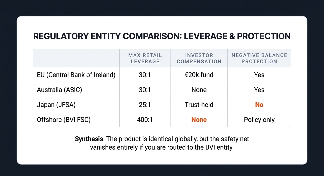 AvaTrade regulatory entity comparison: EU (Central Bank of Ireland) 30:1 leverage, €20k compensation fund, negative balance protection; Australia (ASIC) 30:1, no fund, NBP yes; Japan (JFSA) 25:1, trust-held funds, no NBP; offshore BVI 400:1, no compensation, NBP by policy only