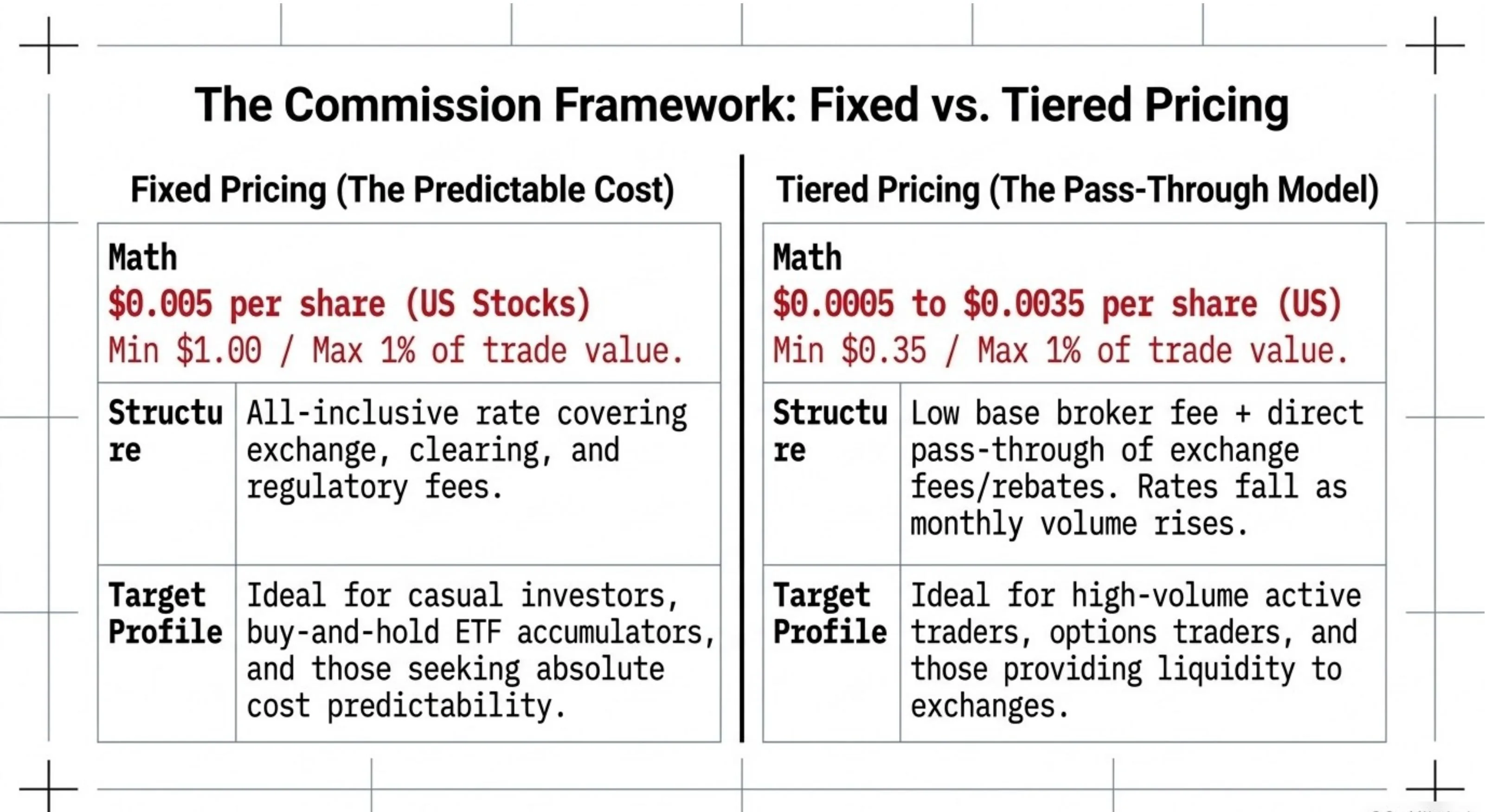 IBKR Commission Framework: Fixed $0.005/share (min $1, max 1%); Tiered $0.0005-$0.0035/share (min $0.35, max 1%)