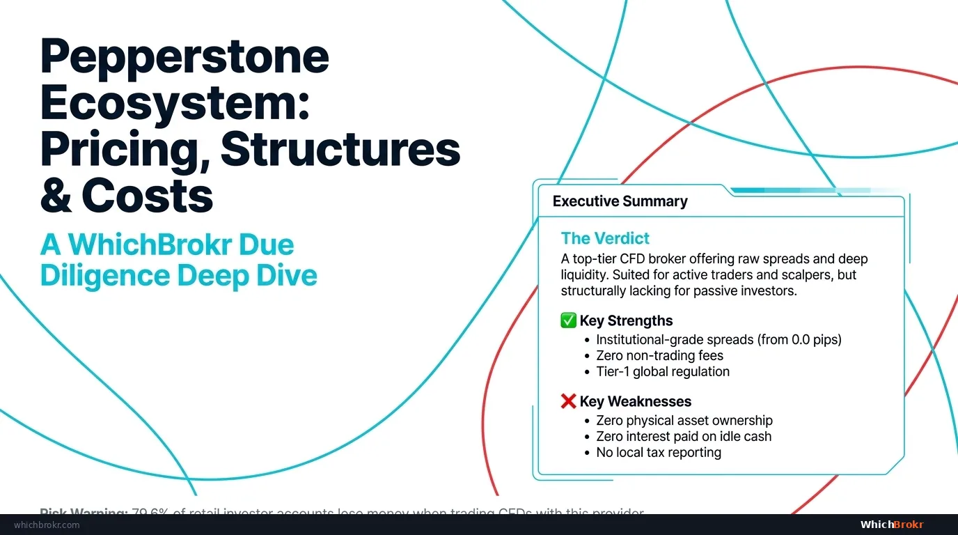 Pepperstone 2026 Pricing X-Ray — Executive Summary: Strengths (raw spreads, deep liquidity) vs Weaknesses (FX conversion, 0% cash yield, swap complexity)