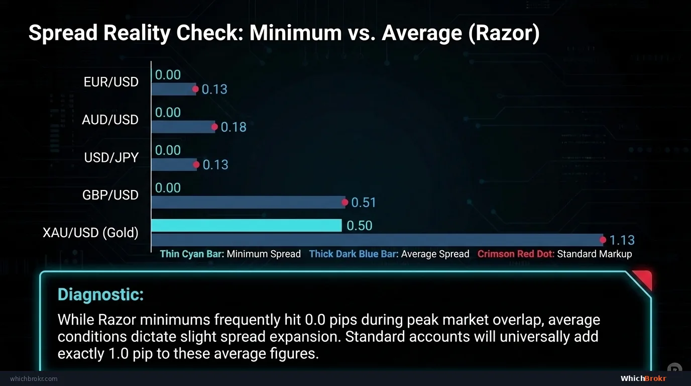 Pepperstone Spread Reality Check on Razor account: EUR/USD minimum 0.0 pips vs average 0.1 pips. GBP/USD min 0.4 pips vs avg 0.9 pips. Gold min 0.0 vs avg 0.12. The gap widens significantly on less liquid pairs.