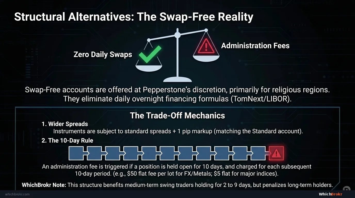 Pepperstone Swap-Free Account: Replaces daily swap with fixed admin fee every 10 days. 1 pip markup on all positions (same as Standard). Admin fee ~$3–$15 per lot per 10-day cycle depending on instrument. Short-term holds: cheaper than swap. Long-term holds: more expensive.