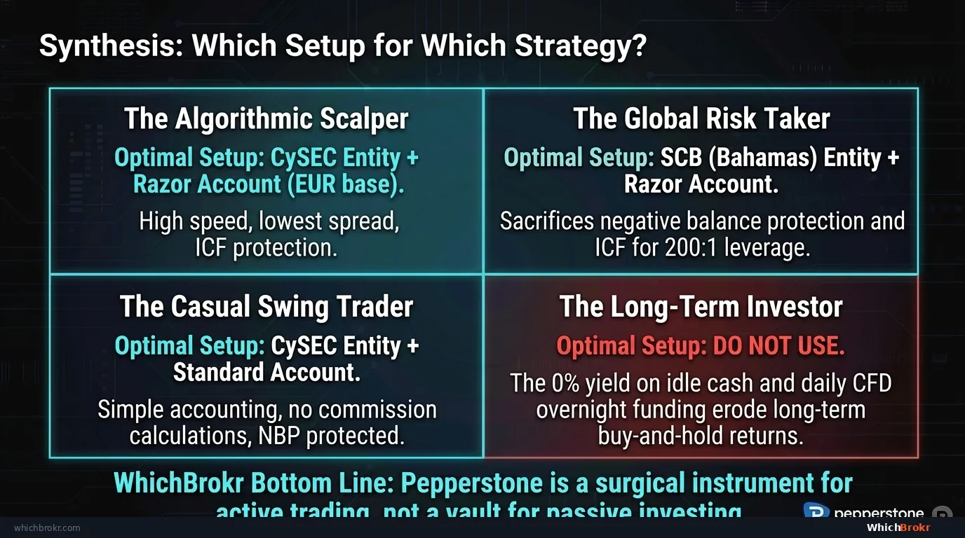 Strategy Synthesis: Scalper → Razor + cTrader (lowest commission, tightest spread). Day trader → Razor + MT4/MT5 (EA support, competitive rate). Swing trader → Standard (no commission drag, spread less relevant on 5+ day holds). Position trader → Standard + USD base account (minimise FX conversion).