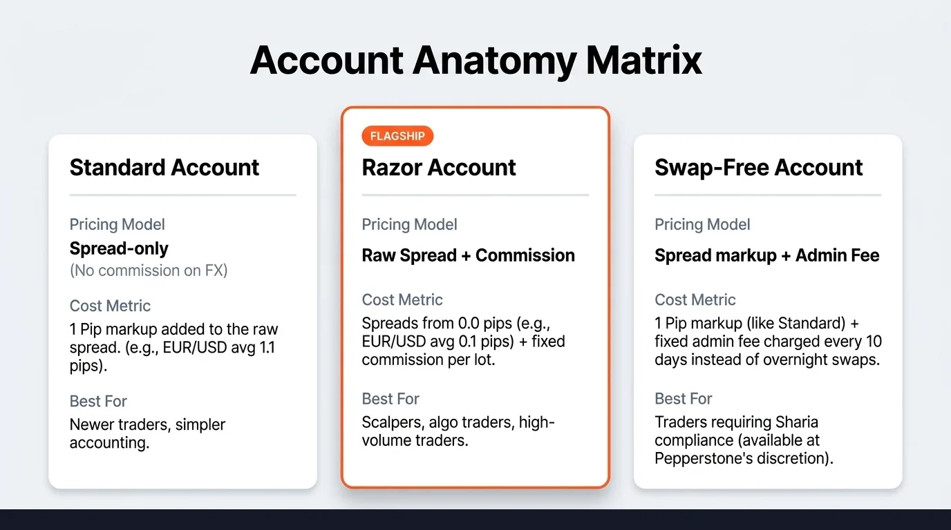Account Anatomy Matrix: Standard (spread-only, best for newer traders), Razor (FLAGSHIP — raw spread + commission, best for scalpers and algo traders), Swap-Free (spread markup + admin fee, for Sharia compliance)